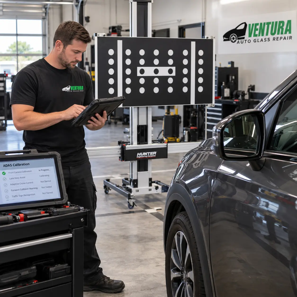 ADAS calibration by a Ventura Auto Glass Repair technician in Ventura, California.