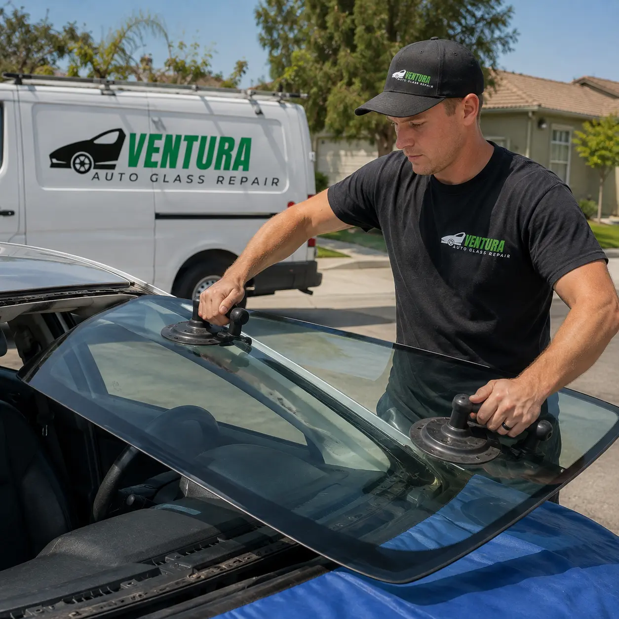 Auto glass replacement by a Ventura Auto Glass Repair technician in Ventura, California.