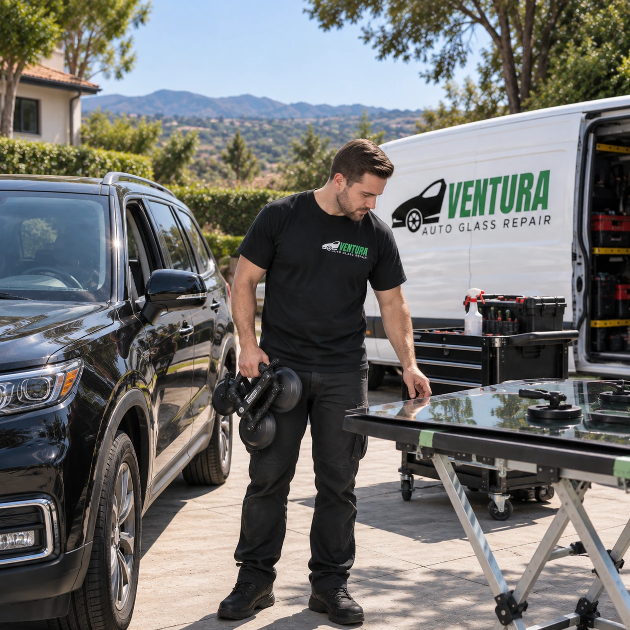 Technician performing mobile windshield repair in Ventura, CA