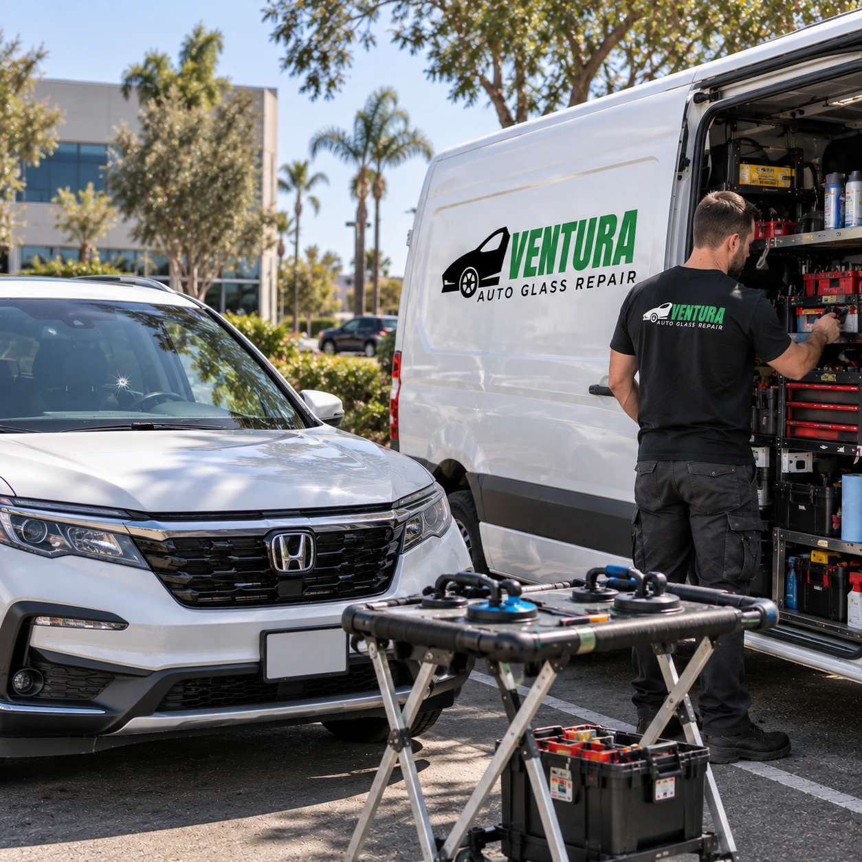 Technician performing mobile windshield repair in Ventura, CA