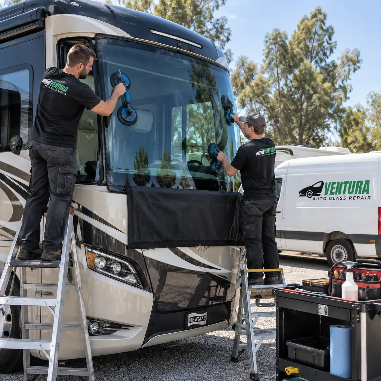 RV windshield repair and replacement by a Ventura Auto Glass Repair technician in Ventura, California.