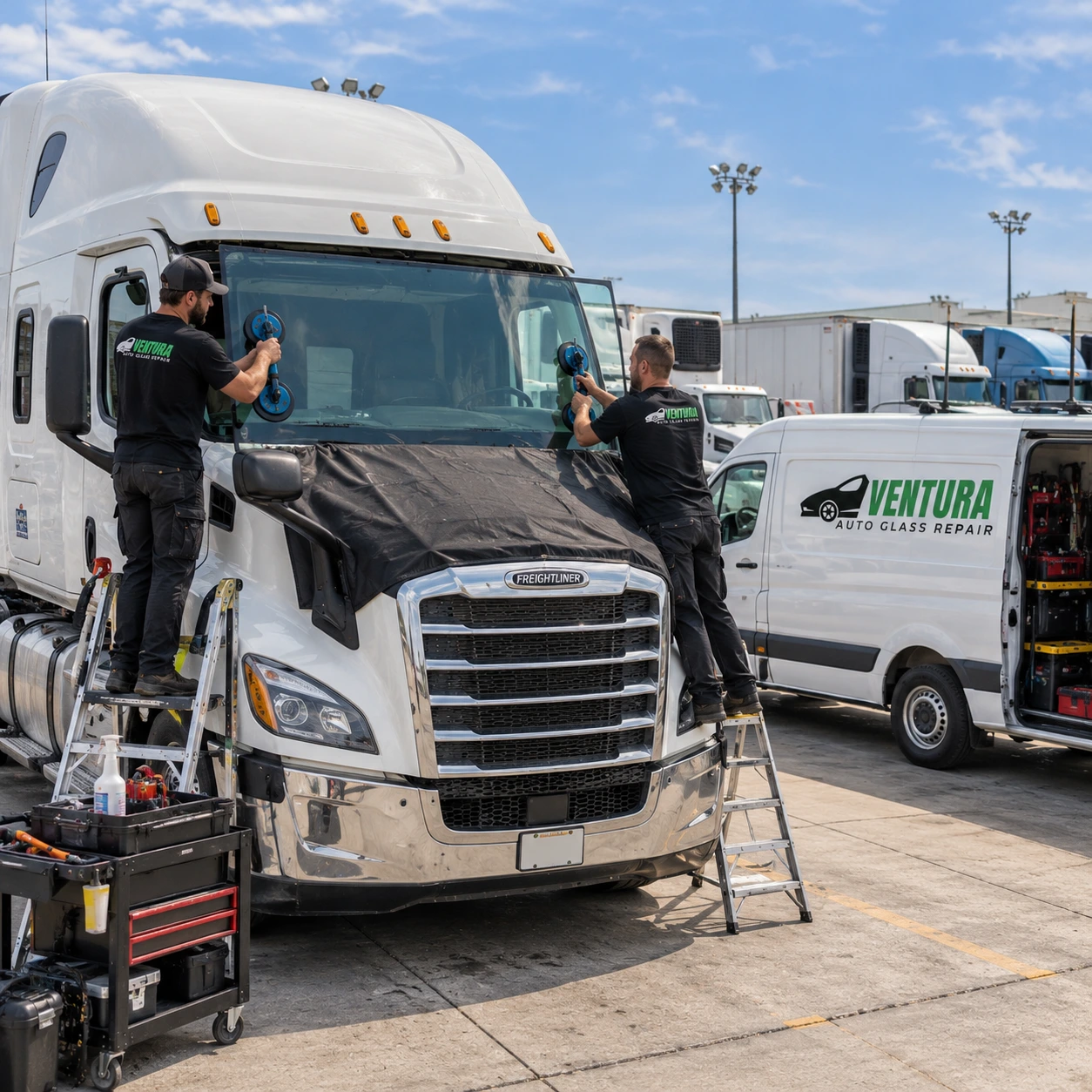 Semi-truck windshield repair and replacement by a Ventura Auto Glass Repair technician in Ventura, California.