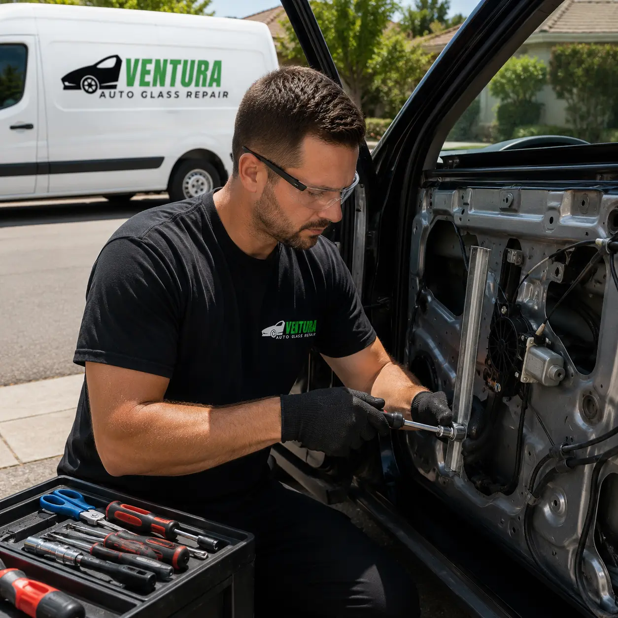 Window regulator repair by a Ventura Auto Glass Repair technician in Ventura, California.